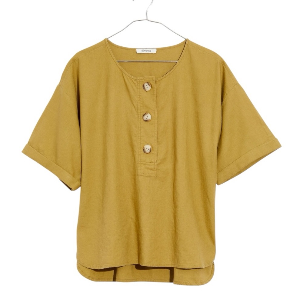 Madewell Linen Blend Henley Slouch Shirt in Olive Surplus - S